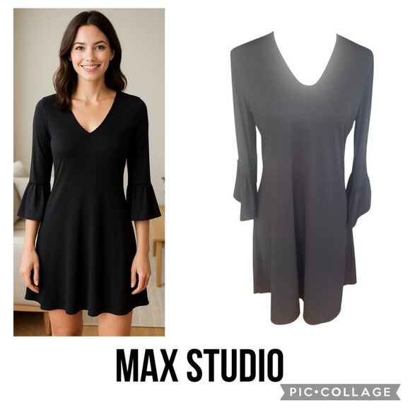 Max Studio Women’s Black V-Neck Bell Sleeve Dress – Size Small - Picture 1 of 13